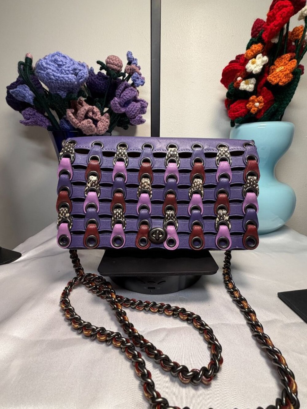 Coach Woven Leather Crossbody Bag With Chain Strap & Colorful Detailing - Purple
